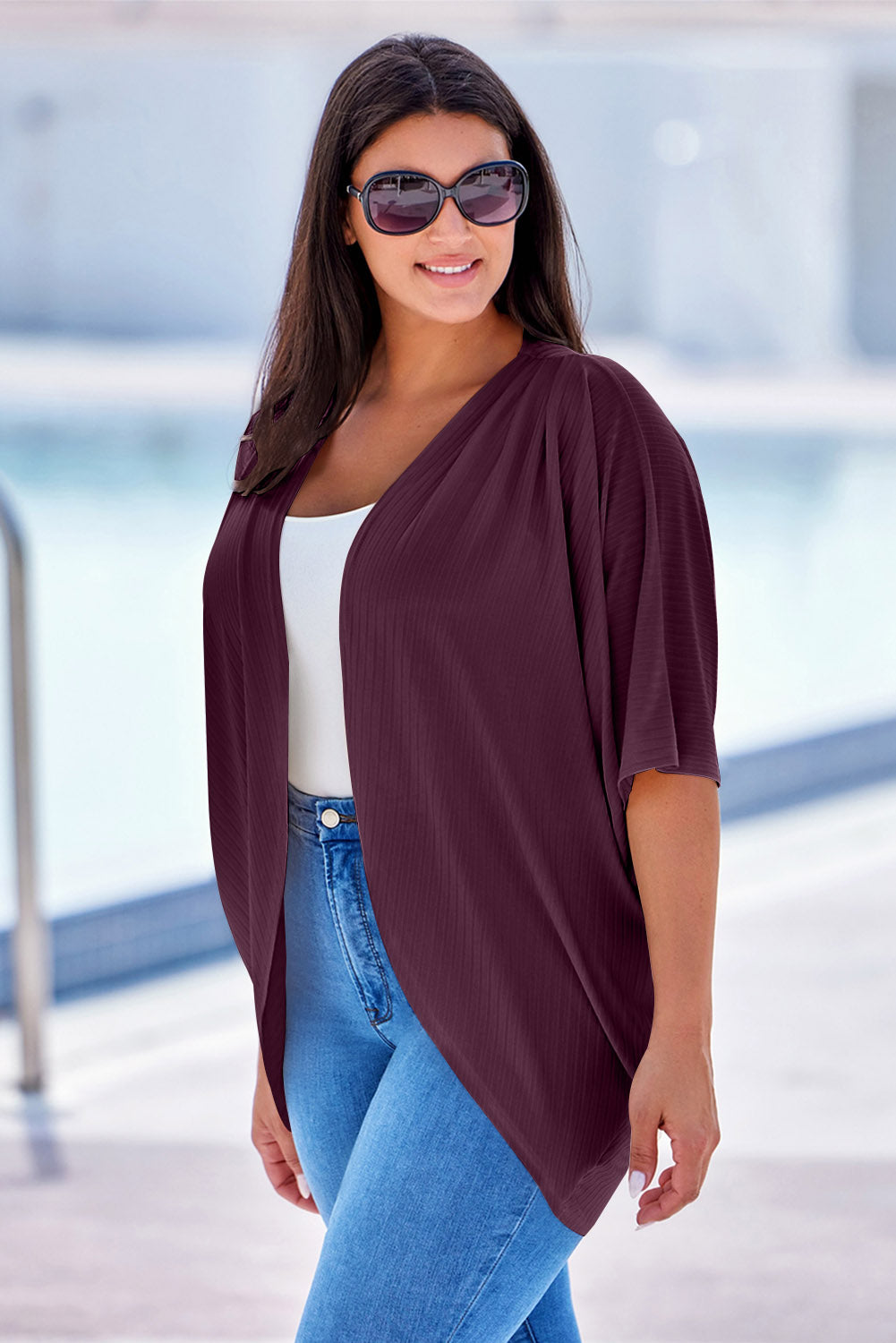 Plus Size Ribbed Cocoon Cover Up-Angel Casuals