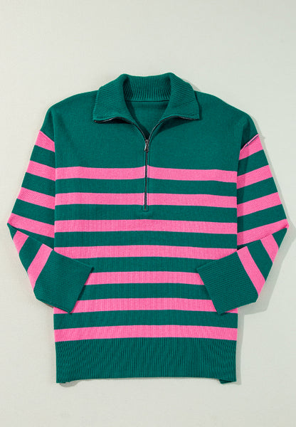 Contrast Striped Quarter Zip Long Sleeve Sweater-Angel Casuals