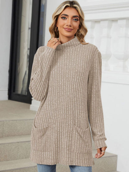 Ribbed Mock Neck Long Sleeve T-Shirt-Angel Casuals