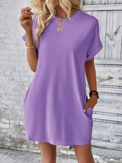 Pocketed Round Neck Short Sleeve Dress-Angel Casuals