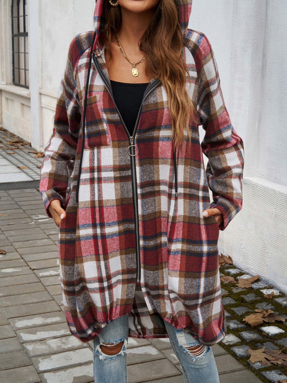 Devine Plaid Zip Up Hooded Coat-Angel Casuals