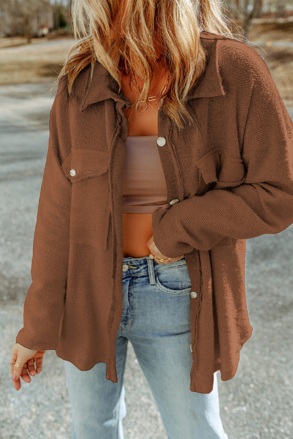 Pocketed Button Up Droppped Shoulder Jacket-Angel Casuals
