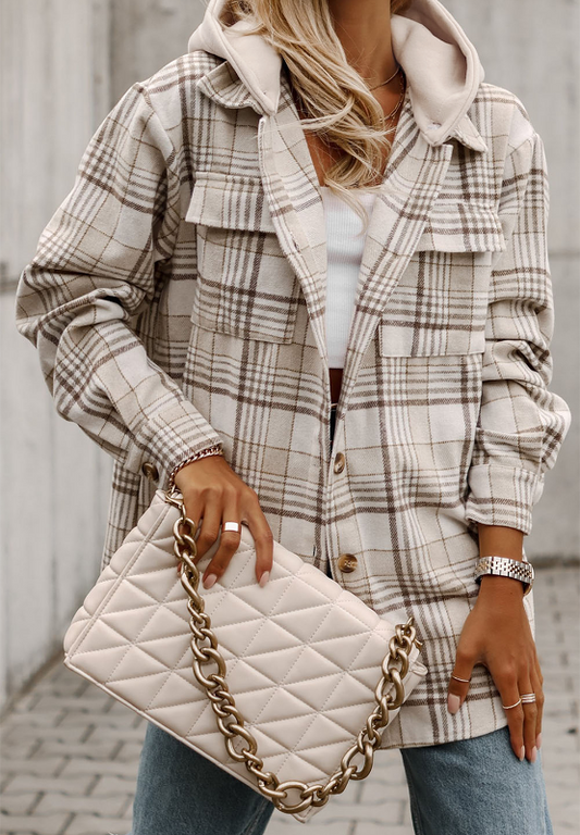 Plaid Removable Hood Button Up Shacket-Angel Casuals