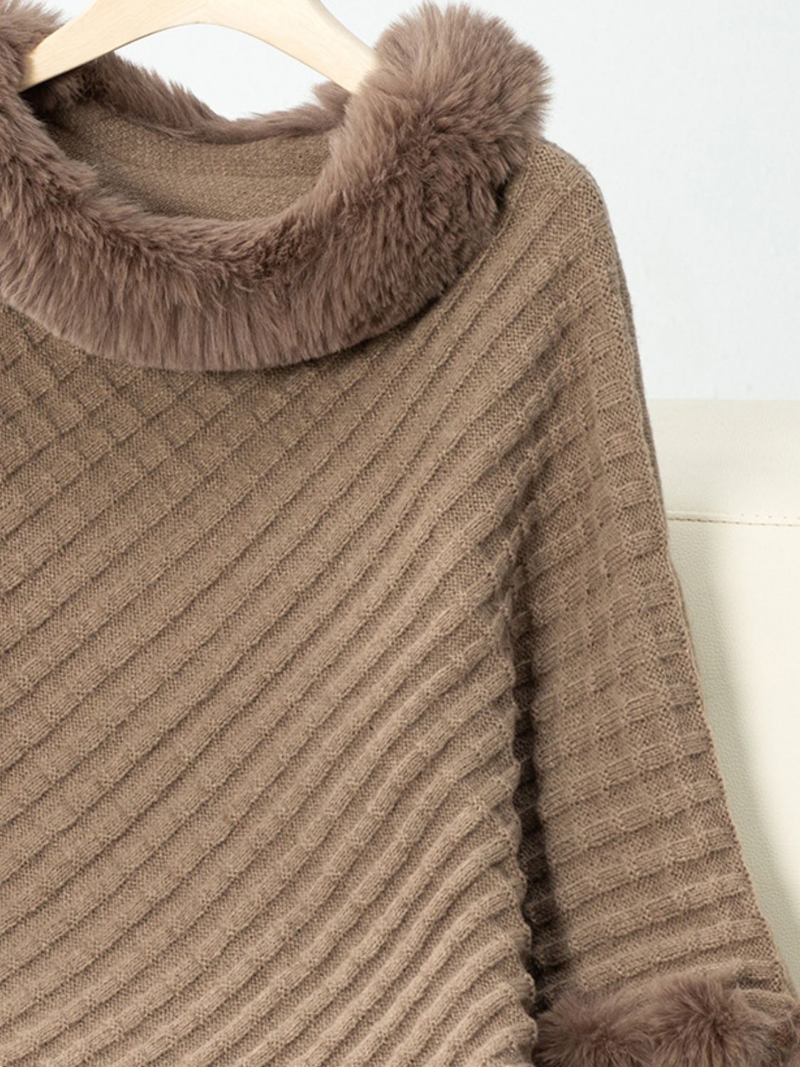 Fuzzy Trim Texture Three-Quarter Sleeve Poncho-Angel Casuals