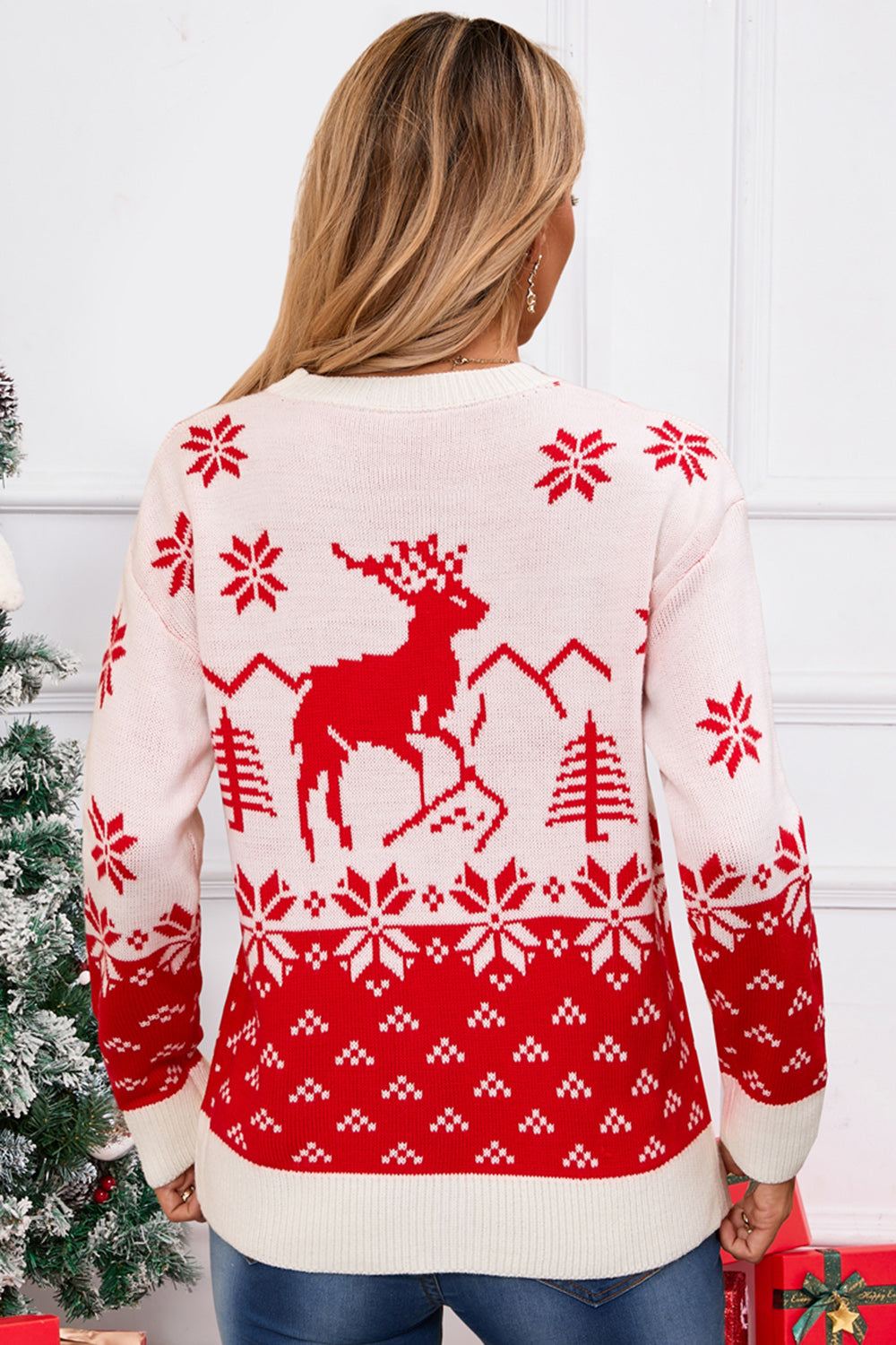 Angel Wings Deer Pattern Round Neck Long Sleeve Sweater-Angel Casuals