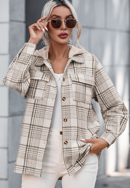 Plaid Removable Hood Button Up Shacket-Angel Casuals