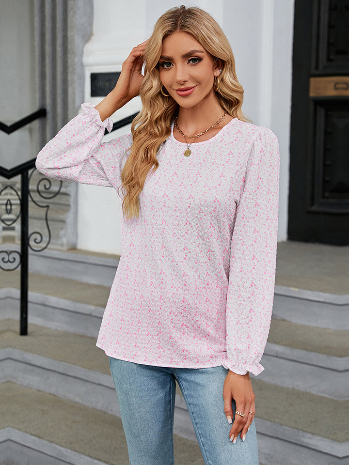 Printed Round Neck Flounce Sleeve Blouse-Angel Casuals