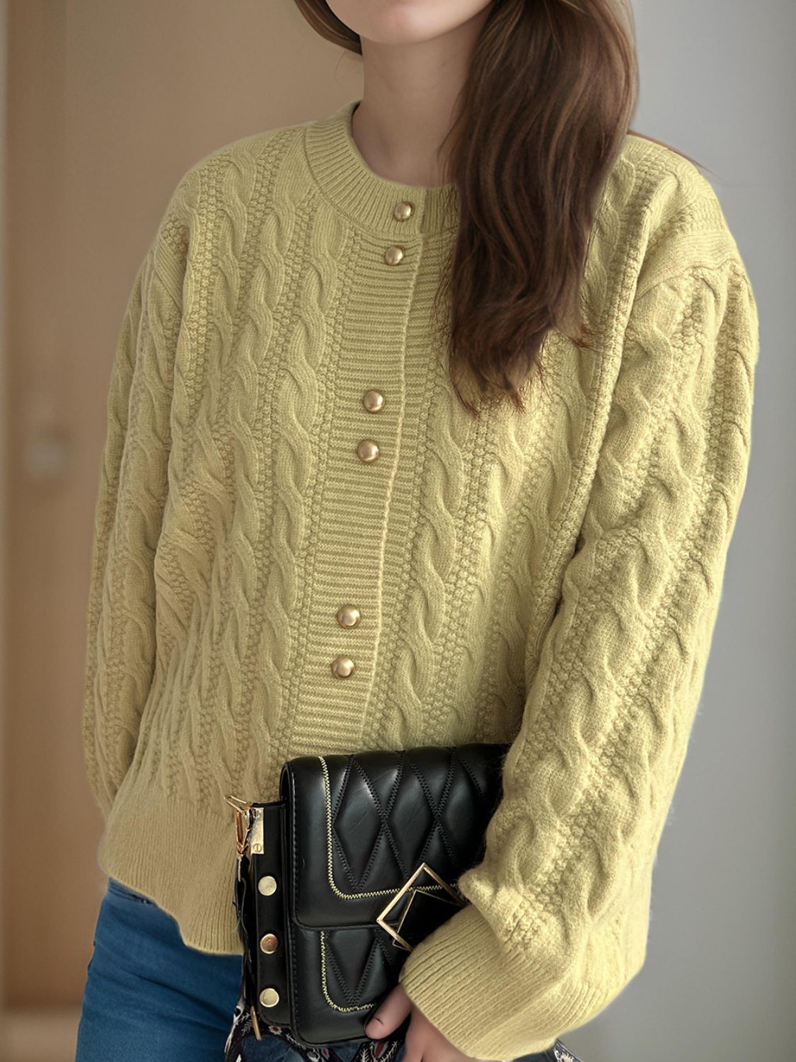 Cable-Knit Round Neck Long Sleeve Cardigan-Angel Casuals