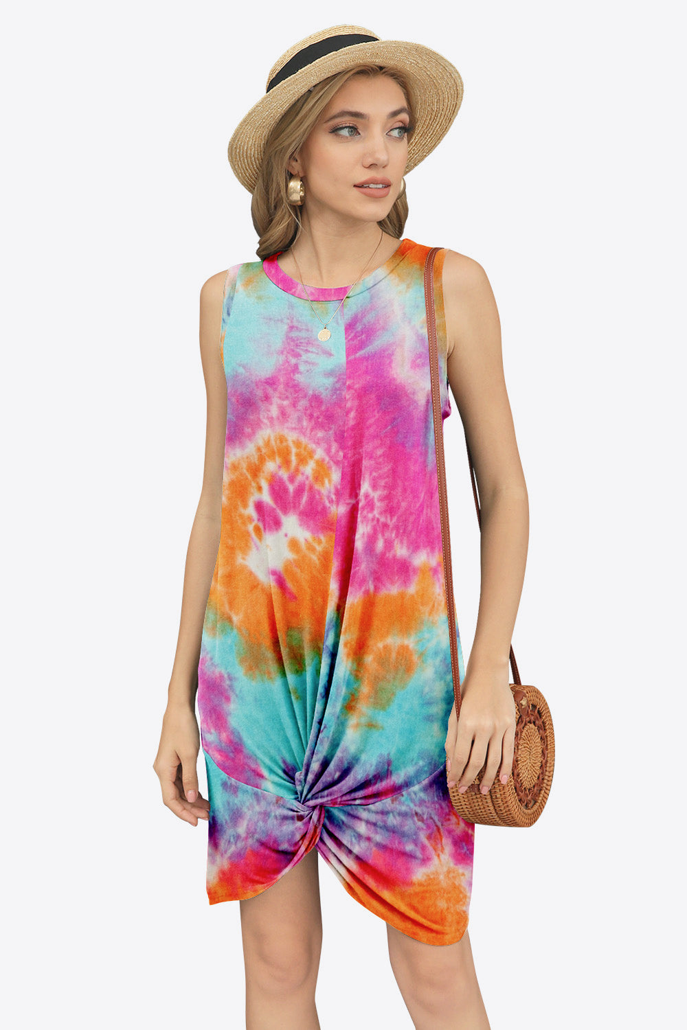 Tie-Dye Twisted Round Neck Sleeveless Dress-Angel Casuals