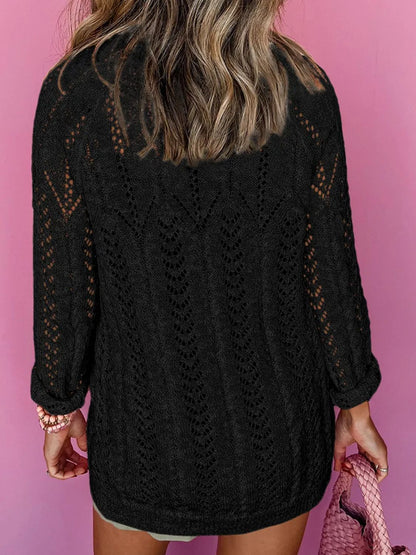 Openwork Open Front Long Sleeve Cardigan-Angel Casuals