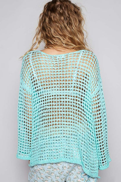 POL Side Slit Openwork Long Sleeve Knit Cover Up-Angel Casuals