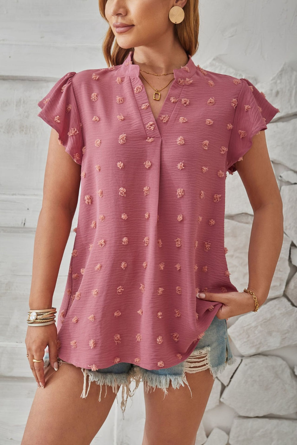 Swiss Dot Notched Cap Sleeve T-Shirt-Angel Casuals