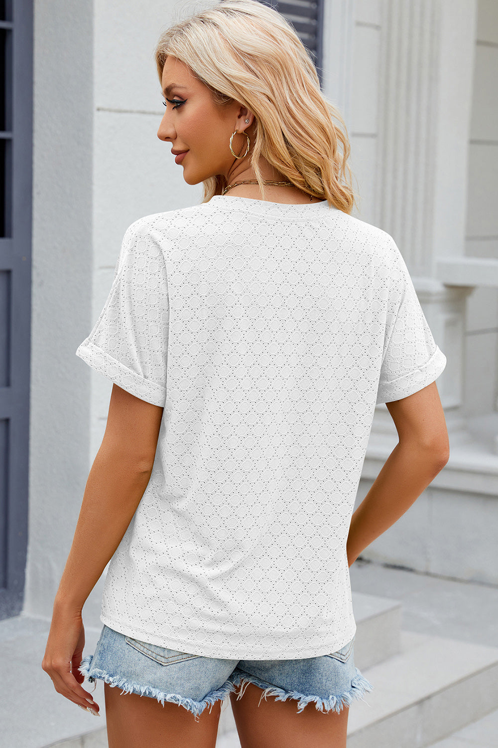 Eyelet Notched Short Sleeve T-Shirt-Angel Casuals
