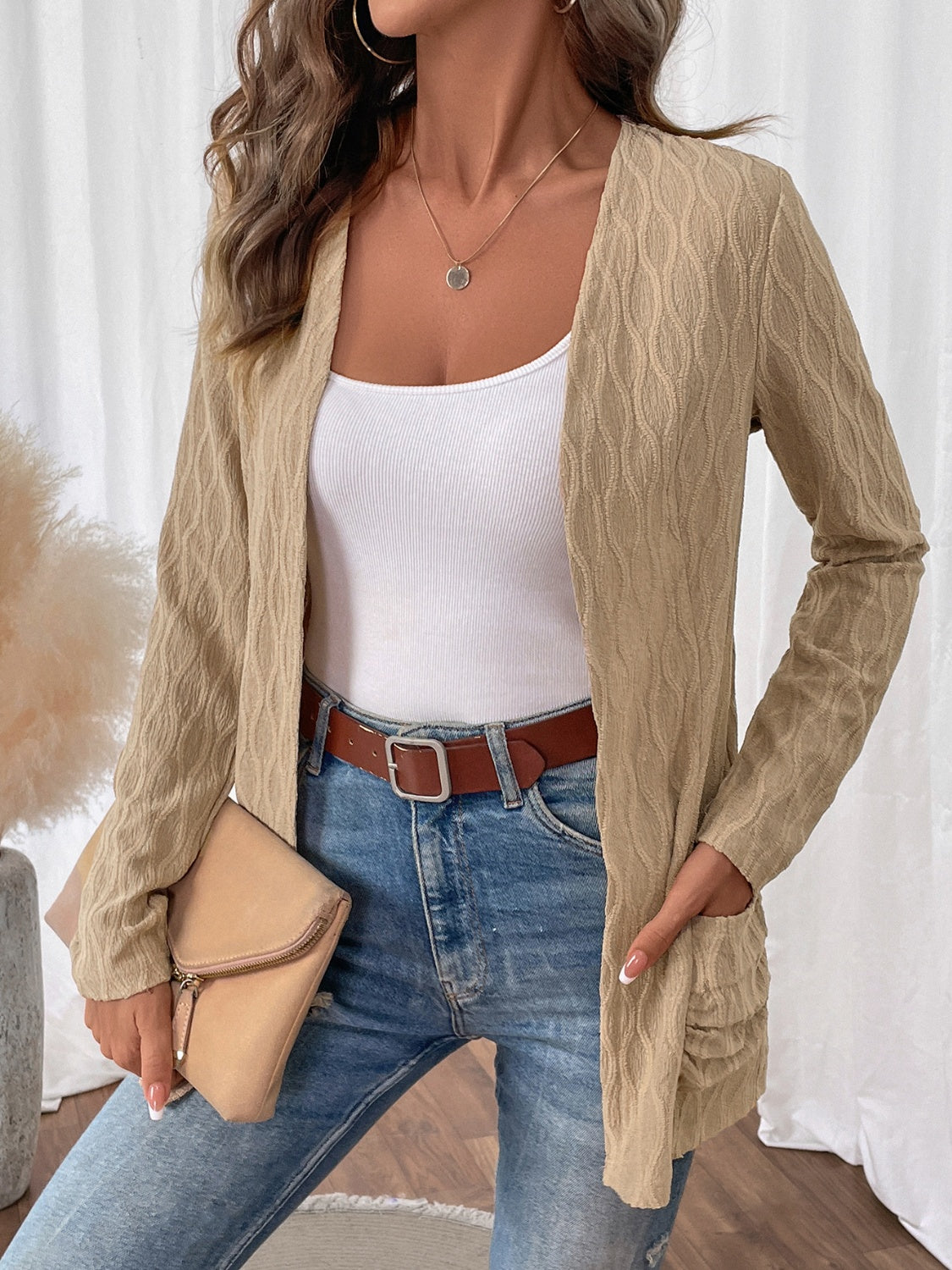 Open Front Long Sleeve Cardigan with Pockets-Angel Casuals