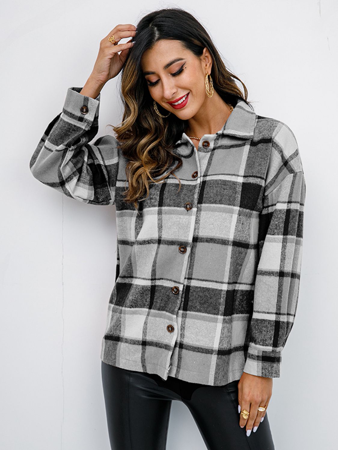 Plaid Button Up Collared Neck Jacket-Angel Casuals