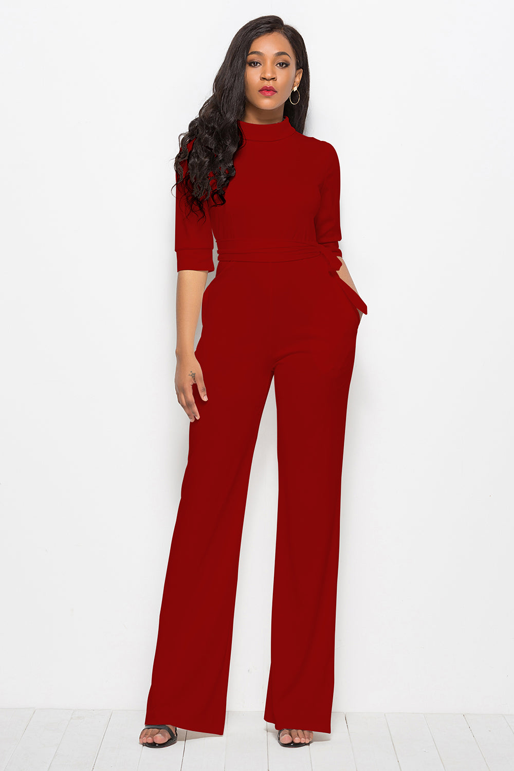 Mock Neck Tie-Waist Half Sleeve Jumpsuit-Angel Casuals