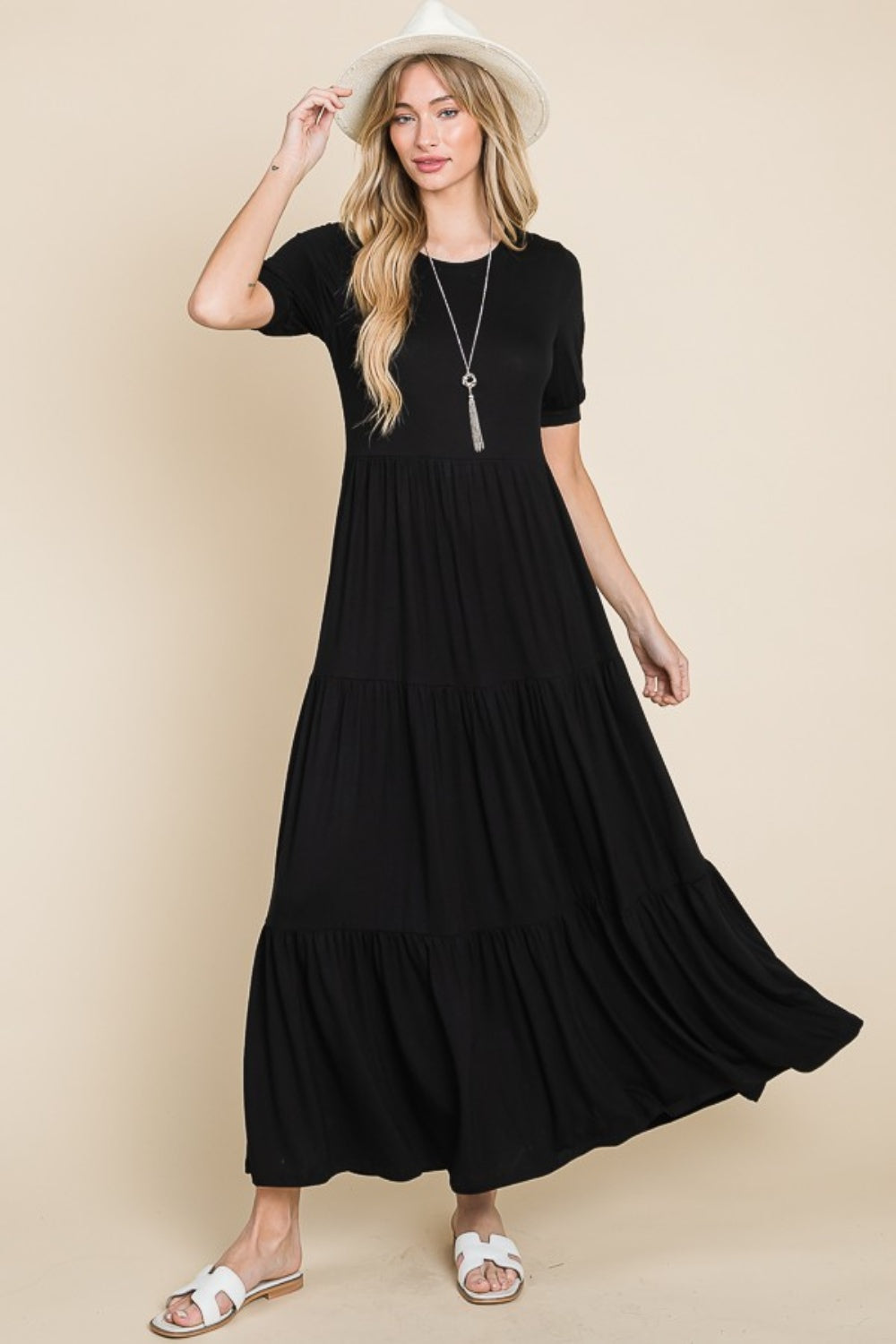 BOMBOM Short Sleeve Tiered Maxi Dress-Angel Casuals