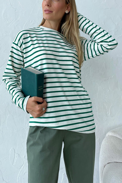 Round Neck Striped Dropped Shoulder T-Shirt-Angel Casuals