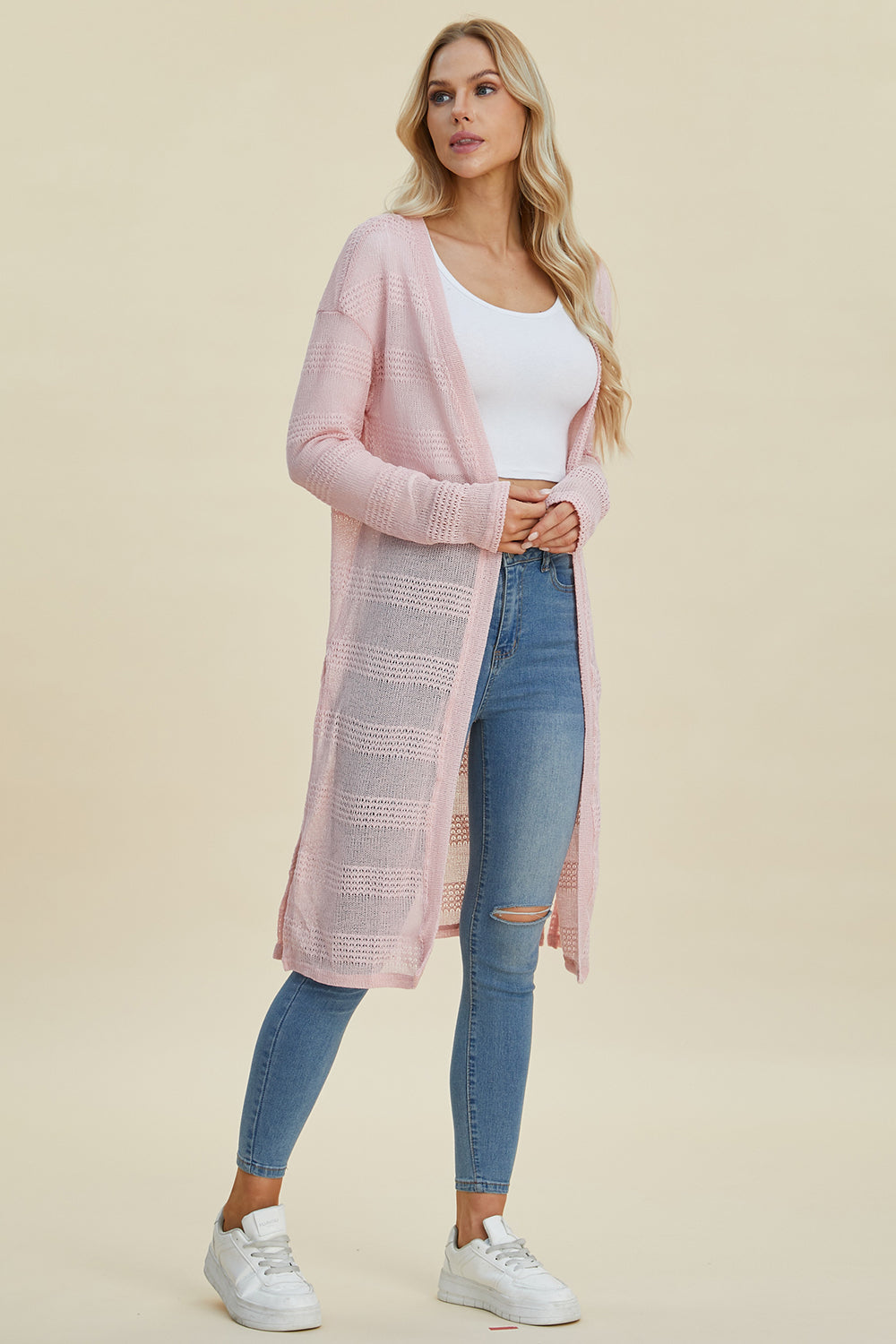 Double Take Full Size Open Front Longline Cardigan-Angel Casuals