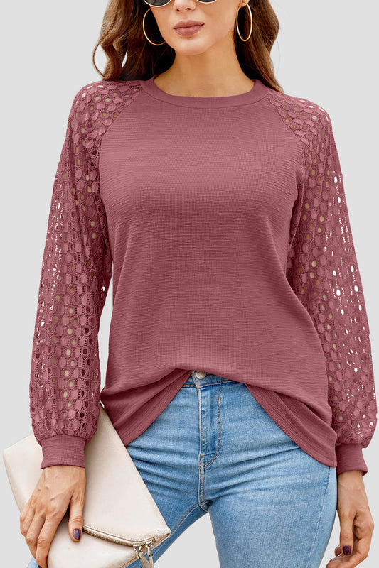 Full Size Eyelet Round Neck Long Sleeve T-Shirt-Angel Casuals
