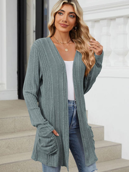 Pocketed Open Front Long Sleeve Cardigan-Angel Casuals