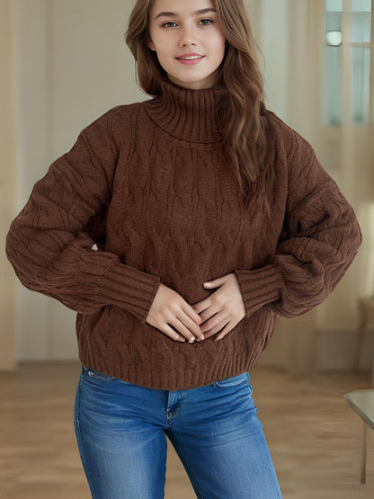 Cable-Knit Turtleneck Long Sleeve Sweater-Angel Casuals