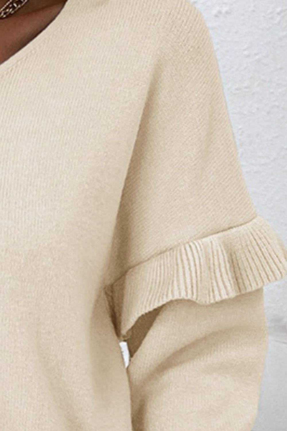 V-Neck Ruffle Trim Long Sleeve Sweater-Angel Casuals