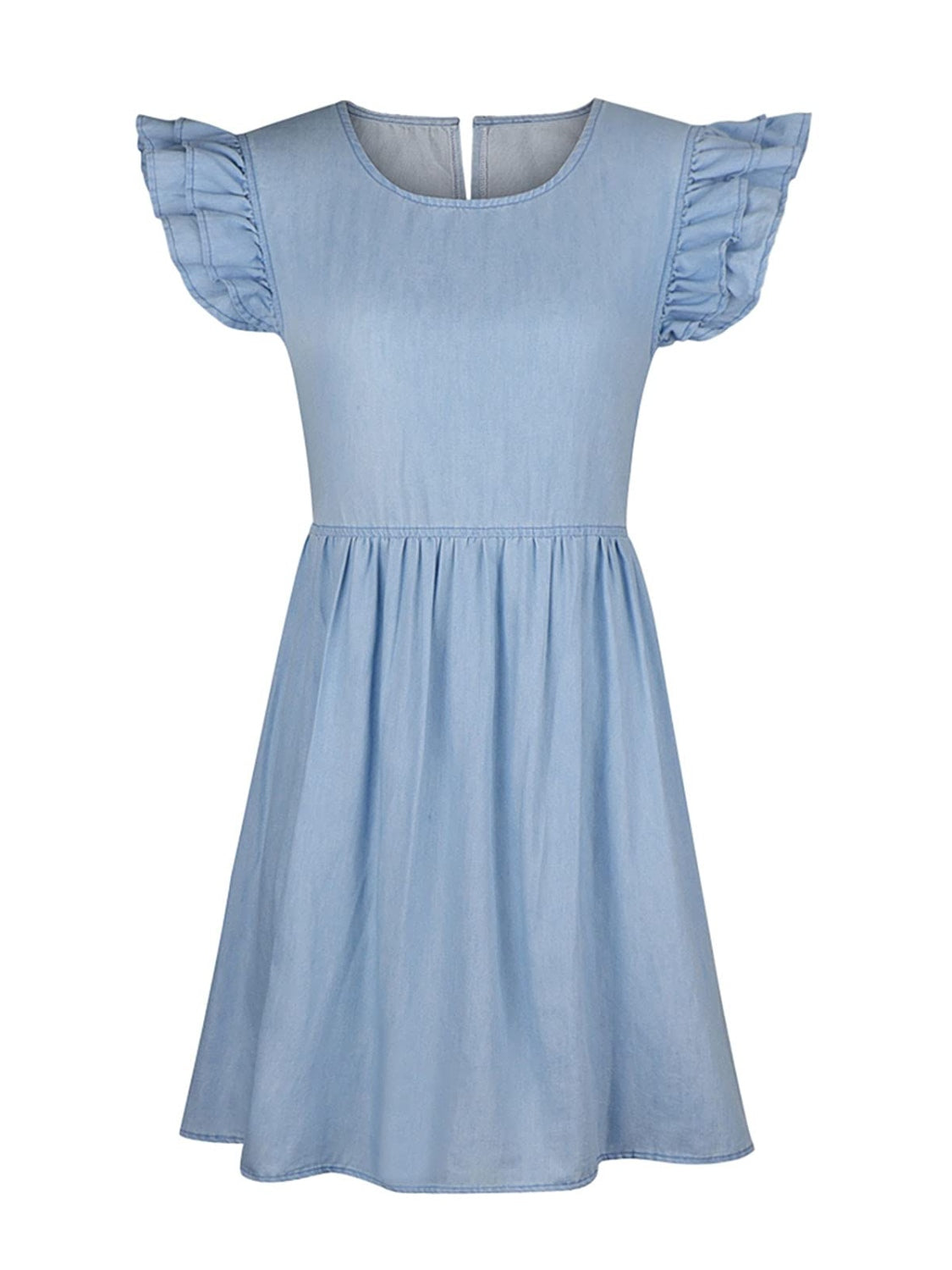 Full Size Ruffled Round Neck Cap Sleeve Denim Dress-Angel Casuals