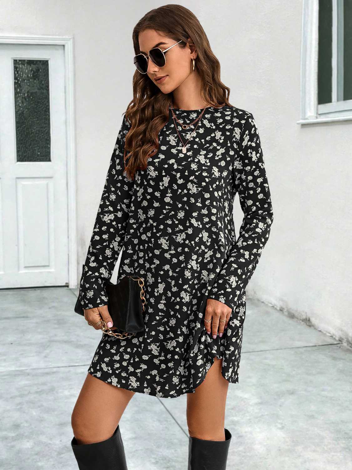 Round Neck Long Sleeve Mini Dress-Angel Casuals