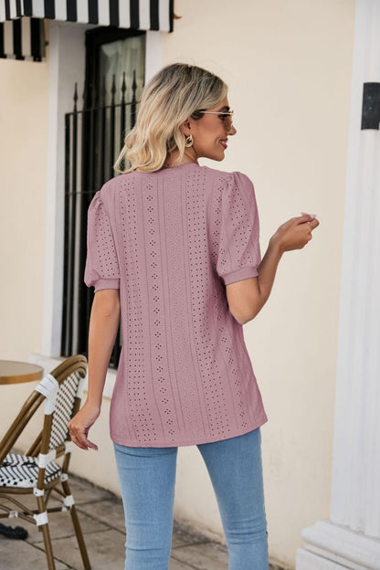 Eyelet Puff Sleeve V-Neck Top-Angel Casuals