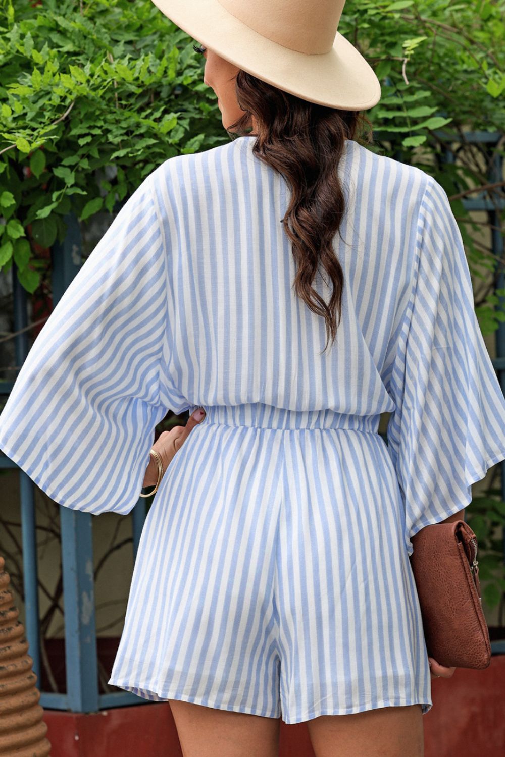 Bow Striped Kimono Sleeve Romper-Angel Casuals