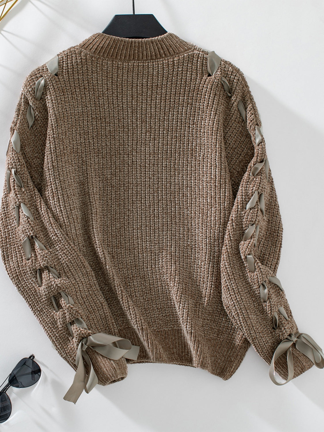 Lace Up Round Neck Long Sleeve Sweater-Angel Casuals