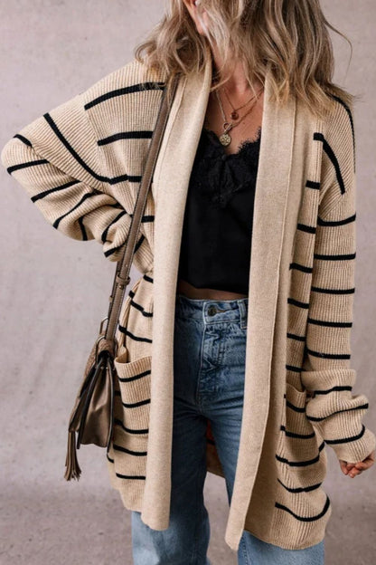 Striped Open Front Long Sleeve Cardigan-Angel Casuals