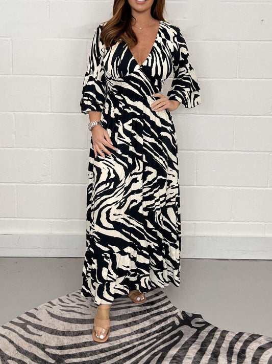 Smocked Printed Flounce Sleeve Maxi Dress-Angel Casuals