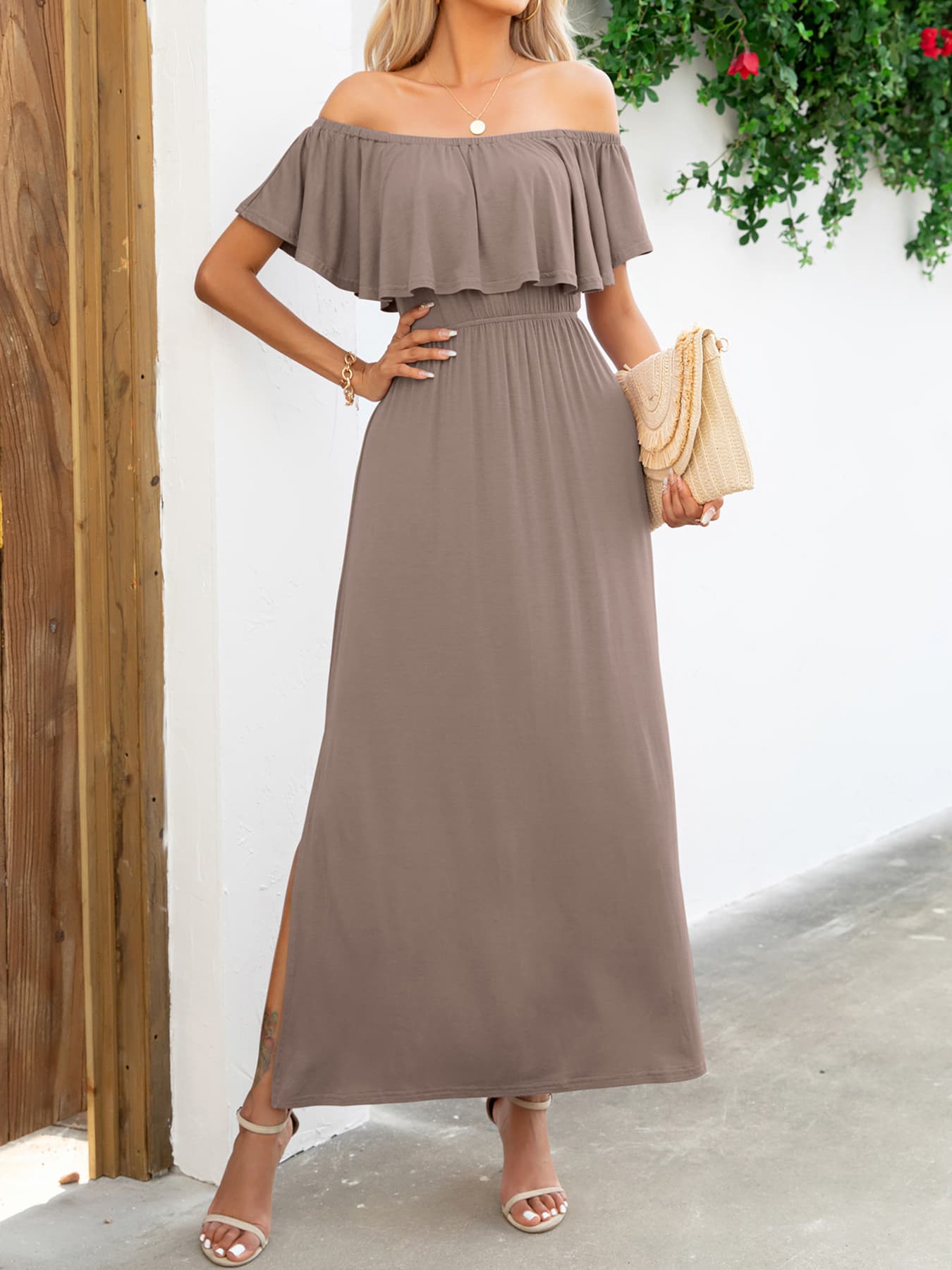 Off-Shoulder Slit Maxi Dress-Angel Casuals