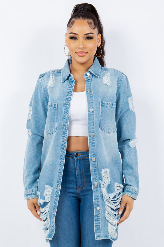 American Bazi Distressed Button Up Long Sleeve Denim Jacket-Angel Casuals