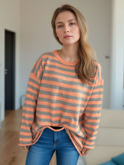 Distressed Striped Round Neck Long Sleeve Sweater-Angel Casuals