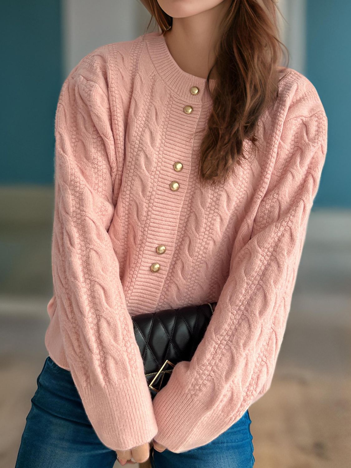 Cable-Knit Round Neck Long Sleeve Cardigan-Angel Casuals
