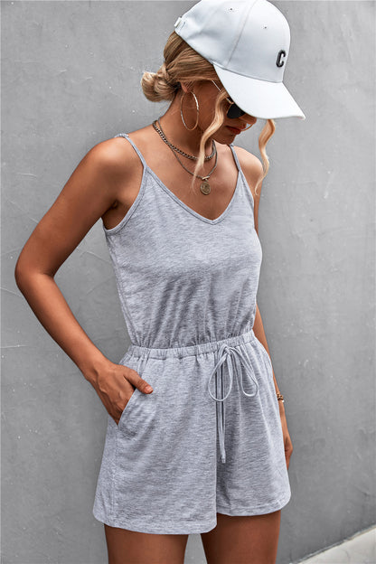 Spaghetti Strap V-Neck Pocket Romper-Angel Casuals