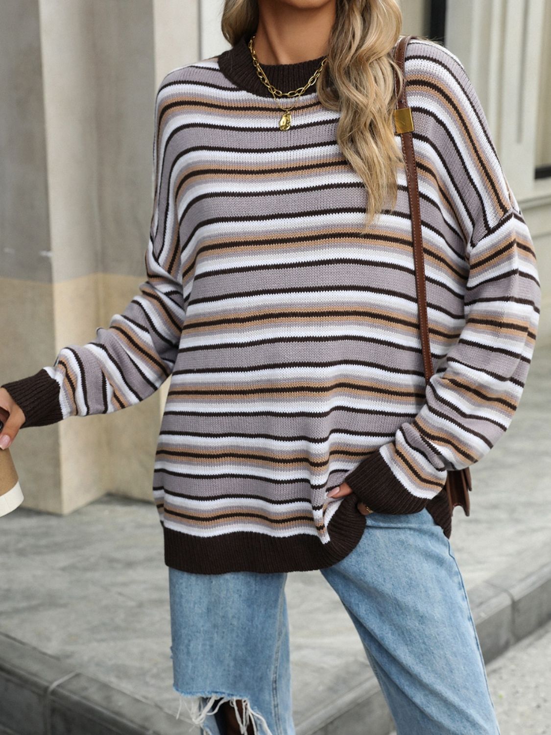 Striped Mock Neck Long Sleeve Sweater-Angel Casuals