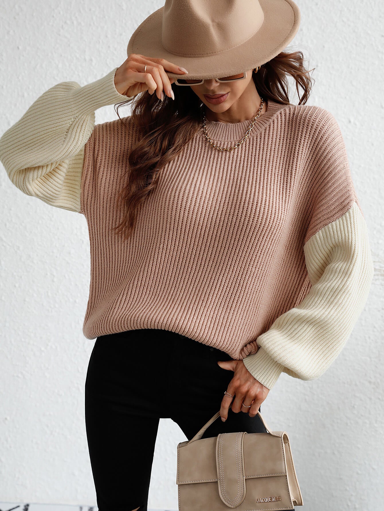 Two-Tone Rib-Knit Dropped Shoulder Sweater-Angel Casuals