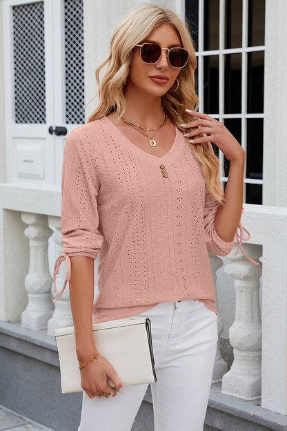 Eyelet Drawstring V-Neck Half Sleeve T-Shirt-Angel Casuals