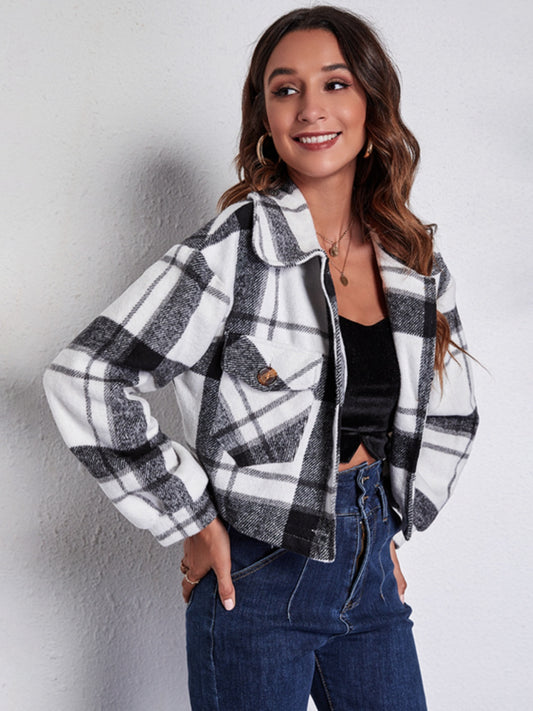 Plaid Button Front Jacket with Pockets-Angel Casuals