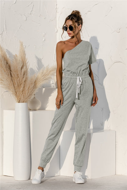 Single Shoulder Short Sleeve Jumpsuit-Angel Casuals