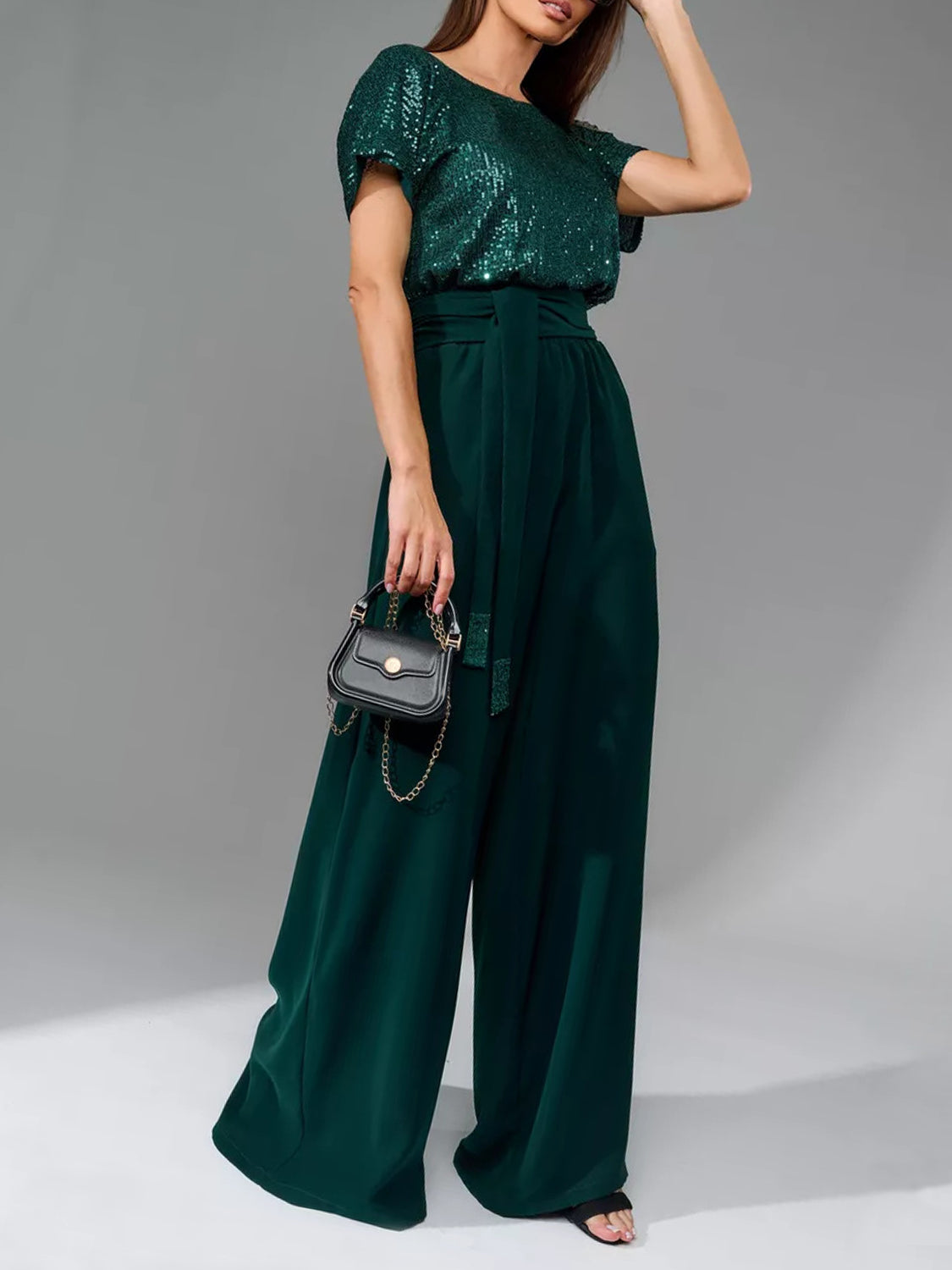 Full Size Sequin Round Neck Short Sleeve Wide Leg Jumpsuit-Angel Casuals