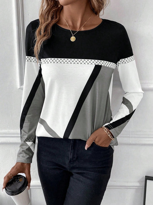 Contrast Round Neck Long Sleeve T-Shirt-Angel Casuals