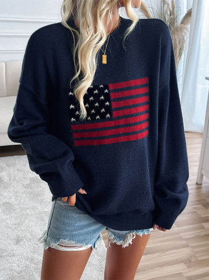 Devine US Flag Round Neck Long Sleeve Knit Top-Angel Casuals