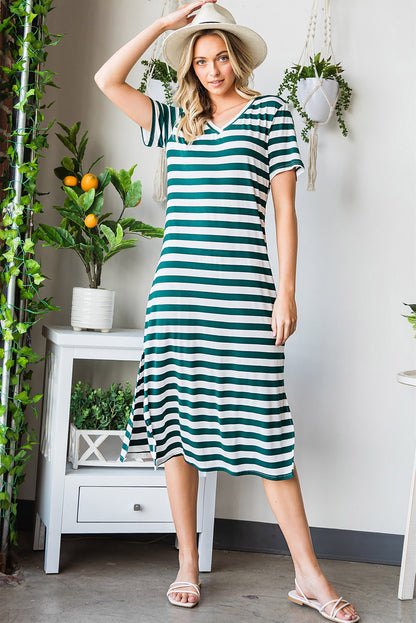 Striped V-Neck Short Sleeve Side Slit Dress-Angel Casuals