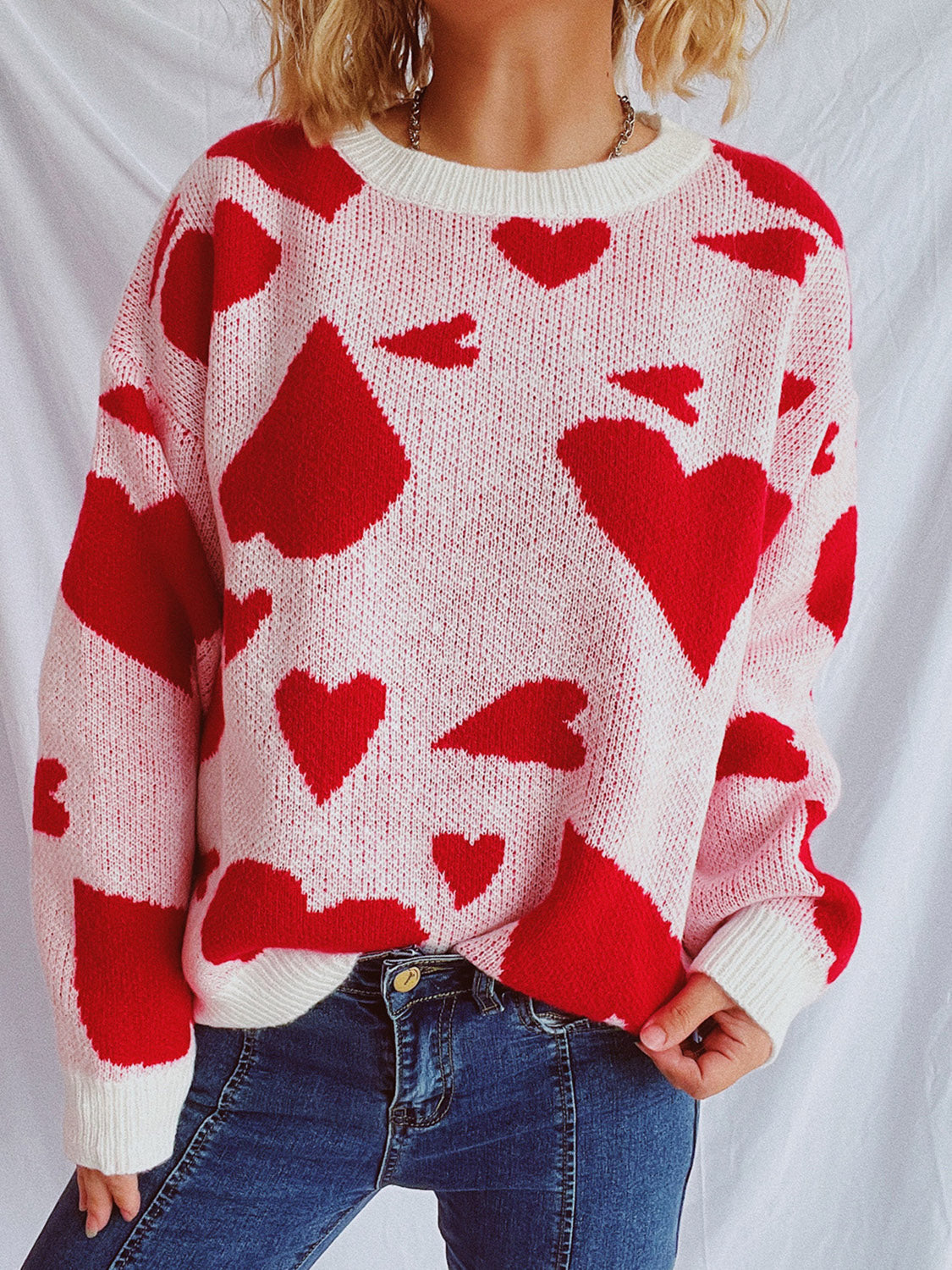 Heart Round Neck Long Sleeve Sweater-Angel Casuals