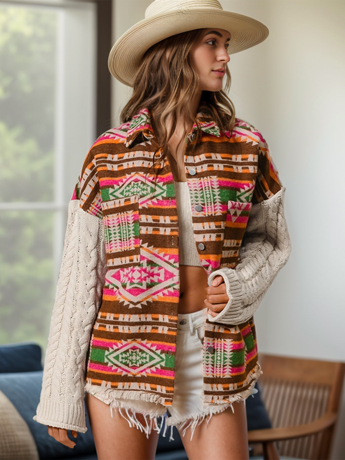 Geometric Collared Neck Long Sleeve Jacket-Angel Casuals